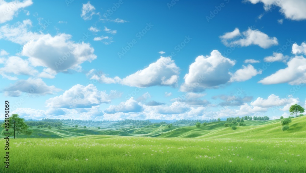 Green field on the horizon Panoramic green field landscape view. Blue mountains background and bright blue sky. Windows background, wallpaper