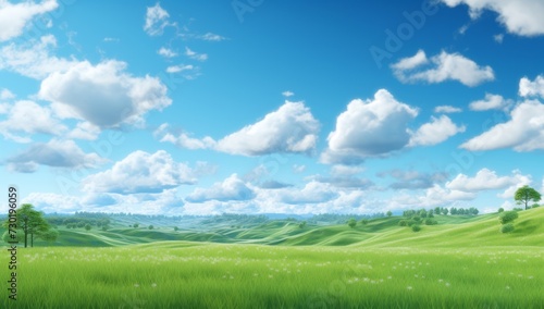 Green field on the horizon Panoramic green field landscape view. Blue mountains background and bright blue sky. Windows background  wallpaper