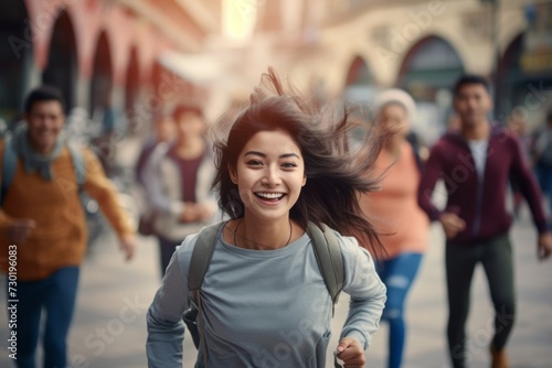 happy asian woman running on the background of a crowd of people