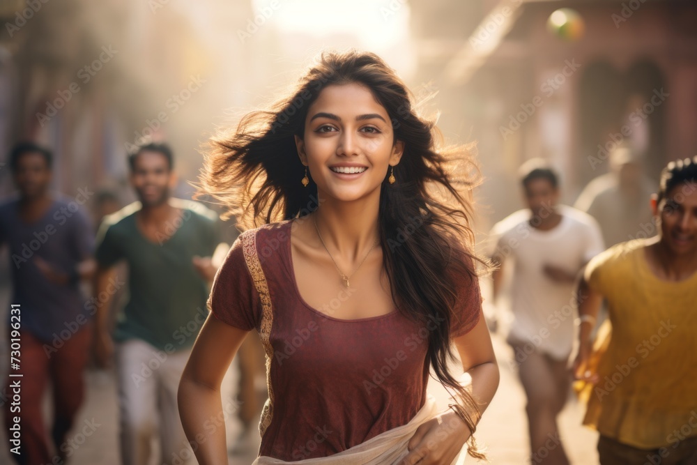 happy indian woman running on the background of a crowd of people
