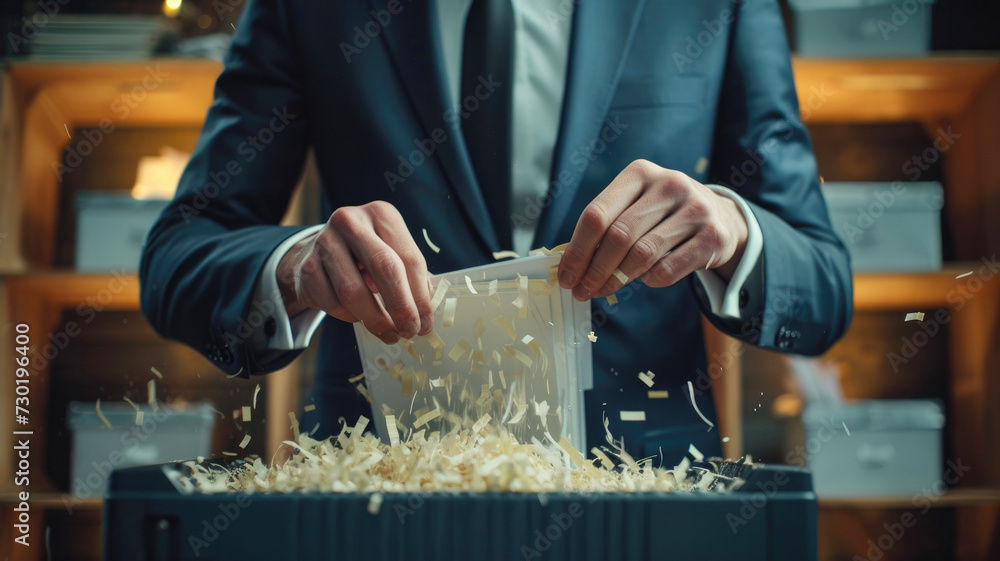 © lensofcolors - Close up of male hands destroying documents in a shredding machine with a pile of paper shavings.