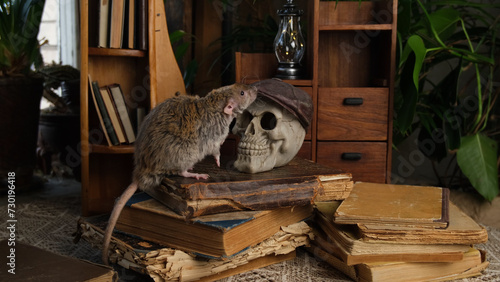 Gray rat, old books, skull.