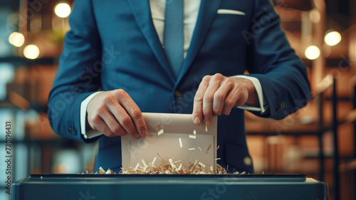 Close-up of executive male hands destroying private, financial, business and economic documents with a shredding machine photo