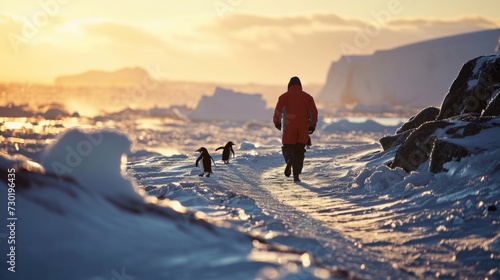 Person in red jacket walking with penguins on snow-covered path illuminated warm sunset light.