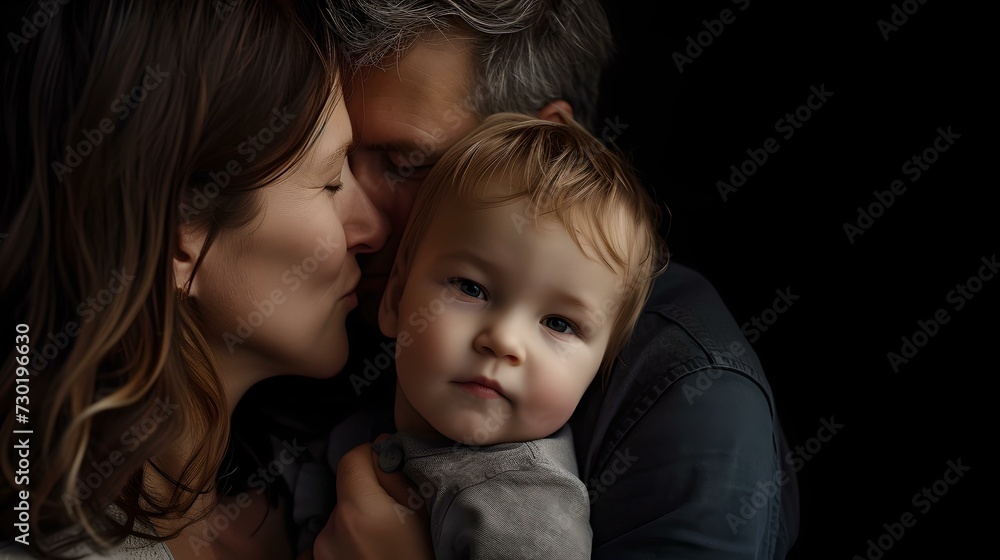 Loving family moment captured in a tender embrace. parents with child. warm, intimate portrait with soft lighting. ideal for family themes. AI