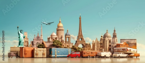 Traveling around the world concept with famous landmarks