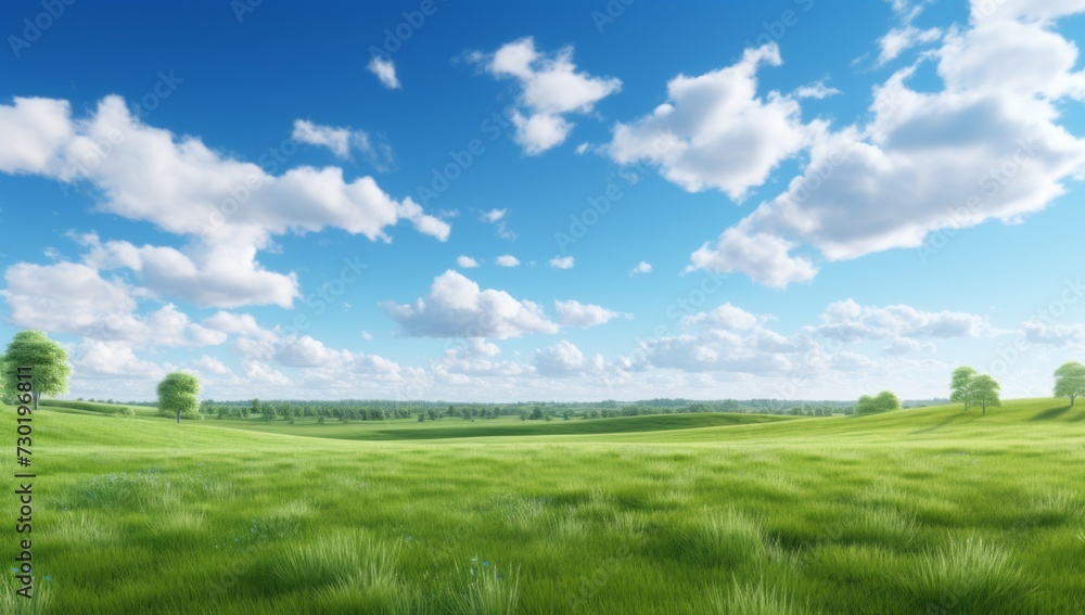 Green field on the horizon Panoramic green field landscape view. Blue mountains background and bright blue sky. Windows background, wallpaper Green field on the horizon Panoramic green field landscape view. Blue mountains background and bright blue sky. Windows background, wallpaper