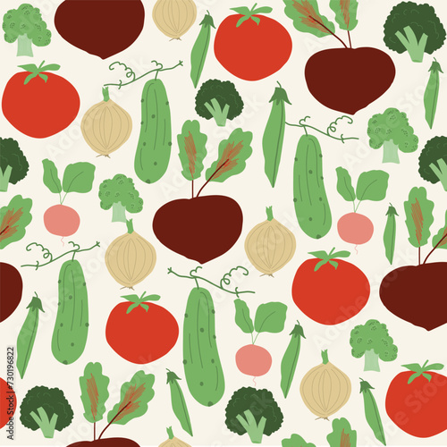 Vegetable trendy creative  cjlorful seamless pattern. Hand drawn, flat scandinavian style, manual art. Healthy nutrition, organic food. Vector illustration.