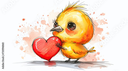 cute tweety yellow bird celebrating valentines day, with a red heart, love emotions illustrations	
 photo