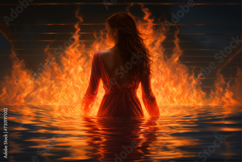  a woman facing away from the flame surrounded by water, in the style of realistic hyper-detailed portraits, uhd image