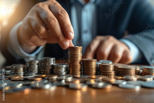 Closeup businessman put coin stack money for money growth concept, Retirement concept.