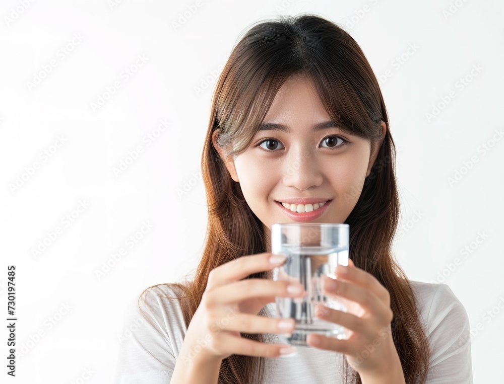 A beautiful asian girl holds out a glass of water A beautiful asian girl holds out a glass of water