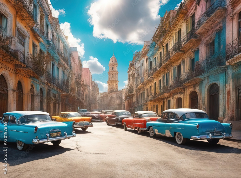 Havana Cuba street - colorful buildings and Old cars