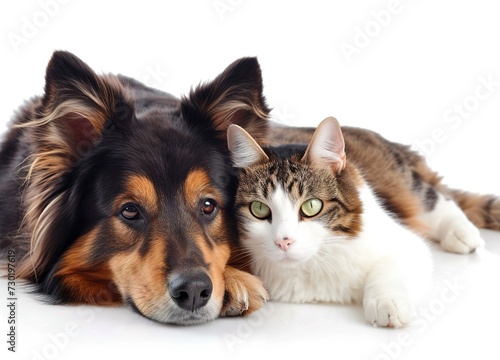 a dog and a cat lie together