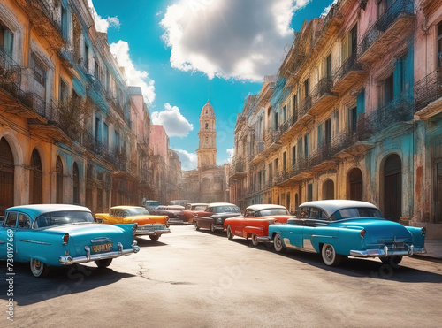 Havana Cuba street - colorful buildings and Old cars