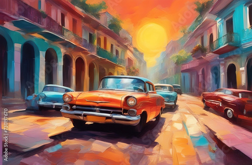 Havana Cuba street - colorful buildings and Old cars