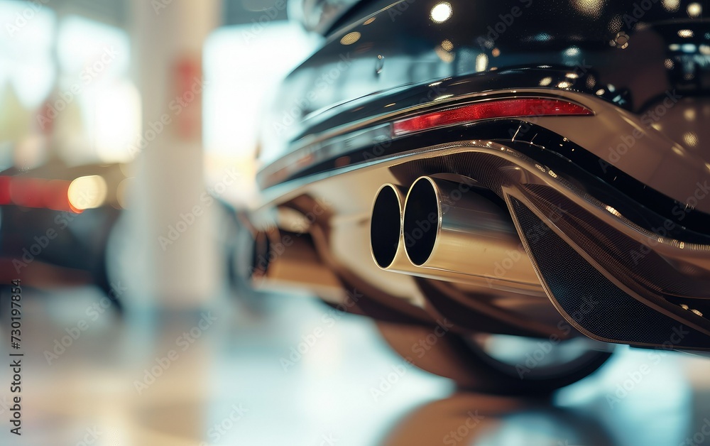Close up of stainless steel exhaust tip muffler pipe of sports car, bokeh car showroom on background.