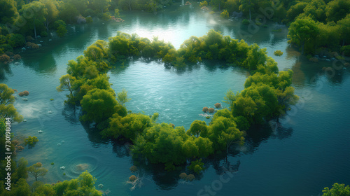 Heart-shaped Lake surrounded by nature Concepts that demonstrate nature conservation issues and protection of forests and forests in general. photo