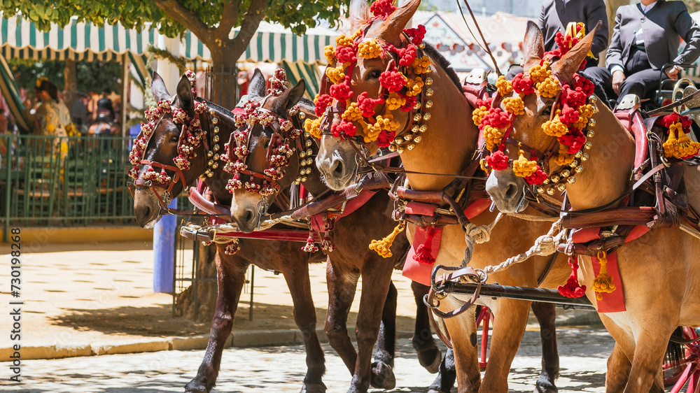 Naklejka premium Elegant Horses Adorned for Seville’s April Fair Celebration