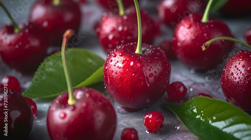 Fresh dew-covered cherries on a table, vibrant and juicy fruit close-up. ideal for food blogs and healthy eating. AI