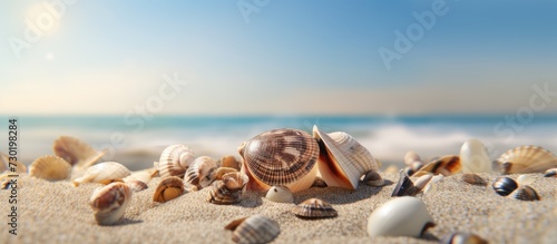 Seashells on sandy beach with palm trees and sea background