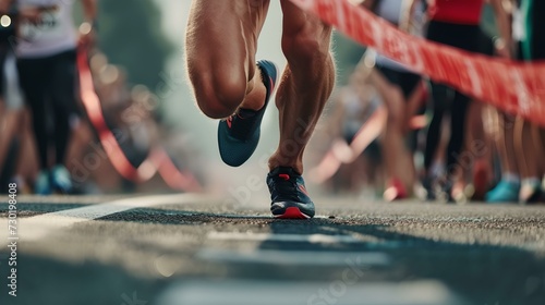 Close-up of runners' feet in a marathon. competitive race day atmosphere. capturing the essence of sportsmanship and endurance. focus on determination. AI photo