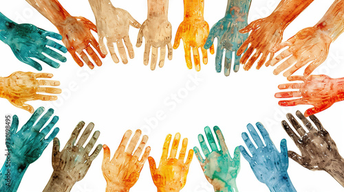 concept of Belonging Inclusion Diversity Equity DEIB, group of multicolor painted people hands in aframe style, empty space in middle for text	
 photo