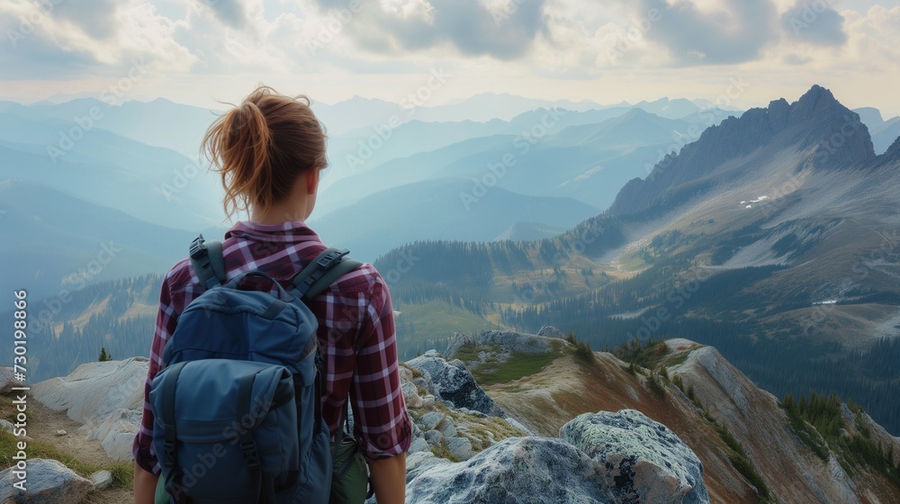 A female hiker with a backpack gazes at a breathtaking mountain landscape, embodying adventure and exploration.
