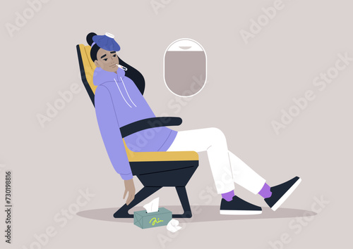 A young adult sick with flu and fever in the airplane chair, an ice bag resting on their forehead