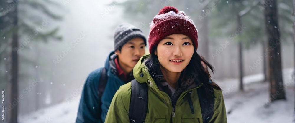 Asian Adventurous couple hiking through a forest in light snowfall. The man wearing a beanie, the woman with a camera around her neck. Snowflakes gently accumulating on the evergreen trees. A distant