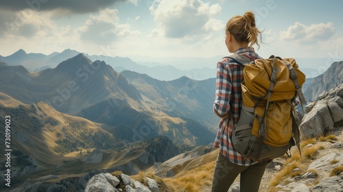 A female hiker with a backpack gazes at a breathtaking mountain landscape, embodying adventure and exploration. photo