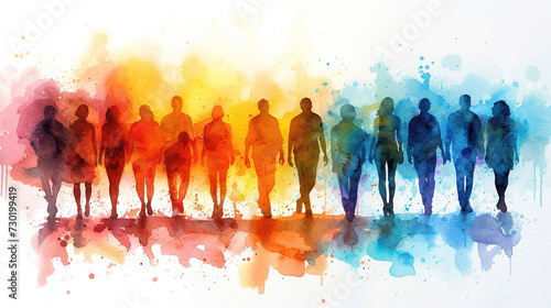group of multicolor watercolor painted people, concept of Belonging Inclusion Diversity Equity DEIB, isolated on white background, tshirts print, cards, unity , bonding
 photo