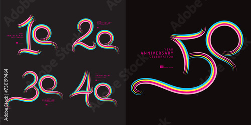 Set of 10 to 50 years Anniversary logotype design, 10, 20, 30, 40, 50 number design, anniversary template, anniversary vector design elements for invitation card, poster, flyer, colorful line vector