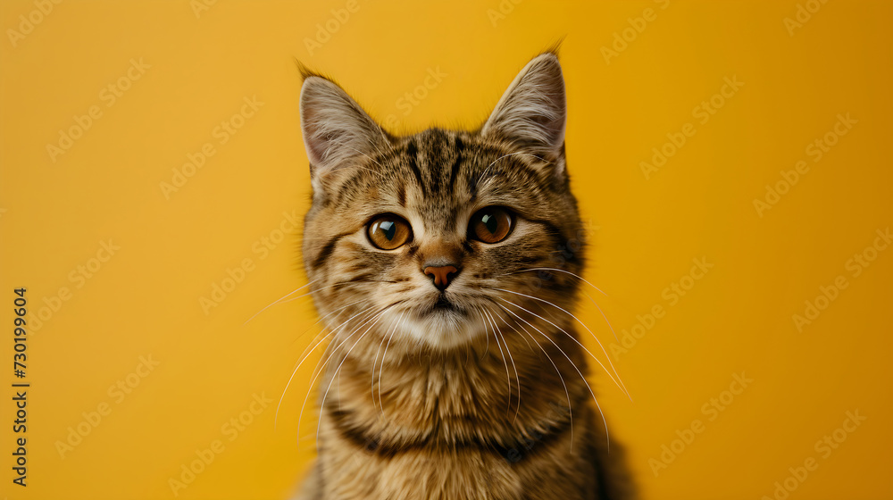 Tabby cat isolated on yellow background with copy space. Close up portrait of brown striped kitten with face head looking at the camera. Banner for pet shop. Pet care and animals concept for ads card Tabby cat isolated on yellow background with copy space. Close up portrait of brown striped kitten with face head looking at the camera. Banner for pet shop. Pet care and animals concept for ads card