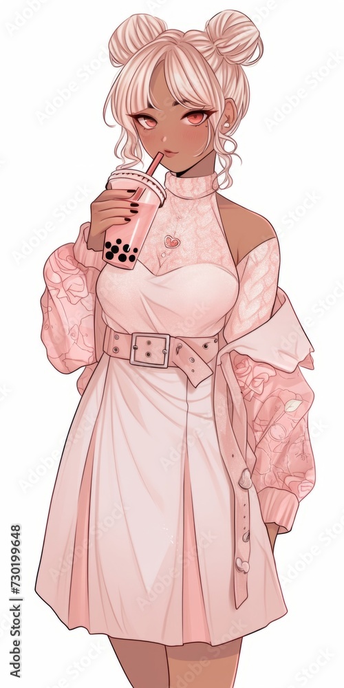 Anime character with cute hairstyle, twin buns, holding bubble tea, wearing pink outfit against white background. Anime character with cute hairstyle, twin buns, holding bubble tea, wearing pink outfit against white background.