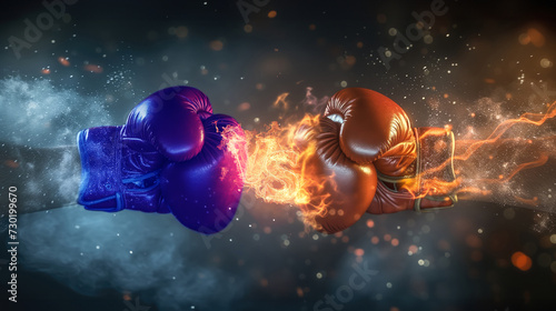 A striking duel between ice and fire-themed boxing gloves, one blue and one red, with one cloaked in frosty blue and the other ablaze with red flames, creates a visual metaphor for an intense rivalry.