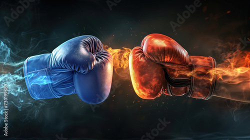 A pair of boxing gloves, one embodying ice and the other fire, collide with explosive energy in a fierce and dynamic confrontation. © Mickey