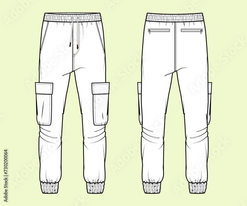 Men's Cargo Pant Trousers - Black and White Outline Fashion Flat Sketch with Front and Back View.