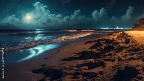 Tropical beach at night with palm trees and blue sky.