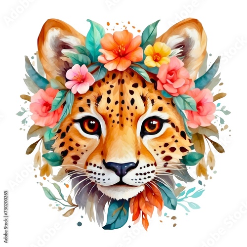 Watercolor illustration portrait of a cute adorable cheetah with flowers on isolated white background. 
