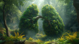 concept image, Showing dense forest trees in the shape of a lung. In the lush and pristine forest.