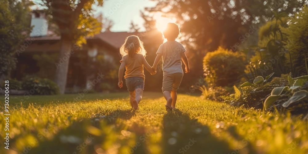 Cute brother and sister walking hand in hand in a park during sunset ...