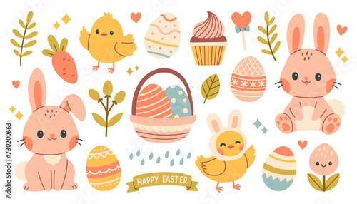 Cute Easter set. Spring collection of animals, flowers and decorations. For poster, card, scrapbooking , stickers