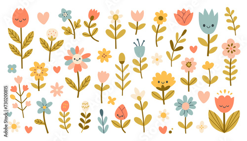 Isolated set with cute spring flowers and leaves in flat style. Kids design, for fabric, wrapping, textile, wallpaper