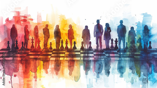 concept of Belonging Inclusion Diversity Equity DEIB, group of multicolor painted people on chess board floor , can be used for cards or posters 