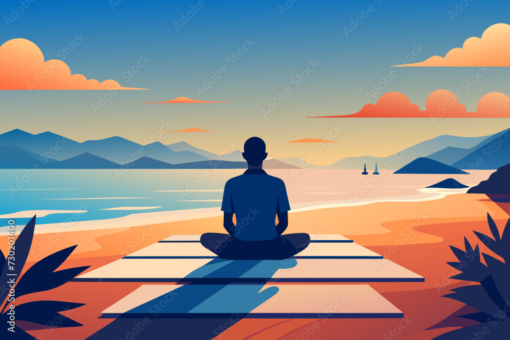 A person meditating on a tranquil beach with a background of calm ocean waves and a yoga mat spread out beside them.