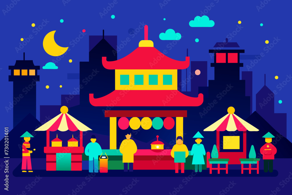 A vibrant illustration of a bustling night market in a foreign city filled with colorful lanterns street food stalls and excited tourists.