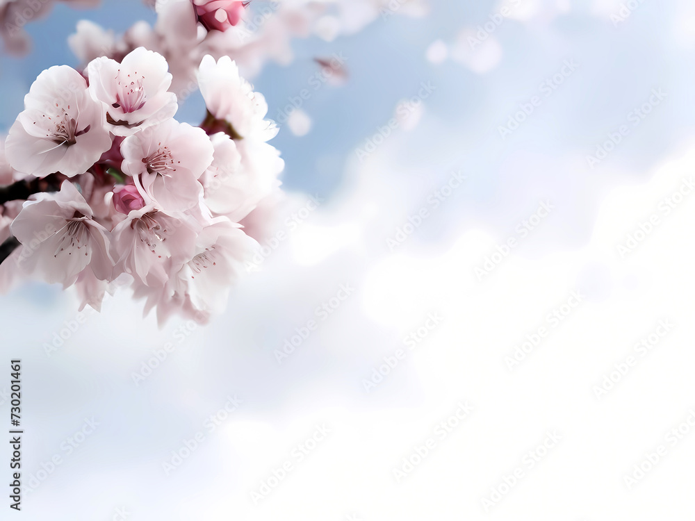 Fototapeta premium Cherry Blooms Creating a Serene Contrast Against a White-Blue Cloud Background.