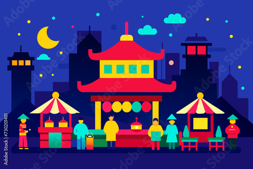 A vibrant illustration of a bustling night market in a foreign city filled with colorful lanterns street food stalls and excited tourists.