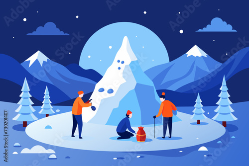 A tranquil mountain landscape covered in a blanket of snow featuring locals building a traditional snow sculpture for a winter festival with